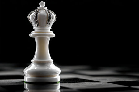 A minimalist shot of a white chess piece on a black background, under a single source of light, shot with a macro lens, symbolizing strategy and decision-makingの写真素材