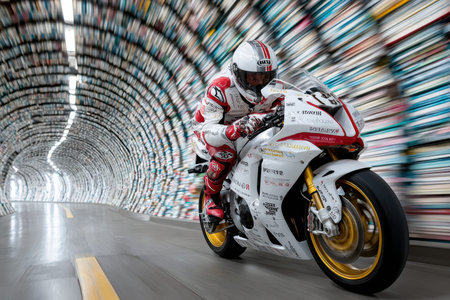 A motorcycle rider accelerates through a vibrant tunnel filled with colors, showcasing speed and skill.の素材
