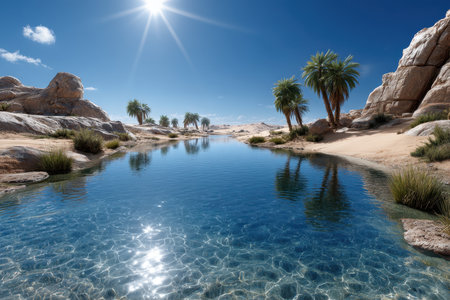 A desert oasis with palm trees and a clear blue stream under a sunny skyの写真素材