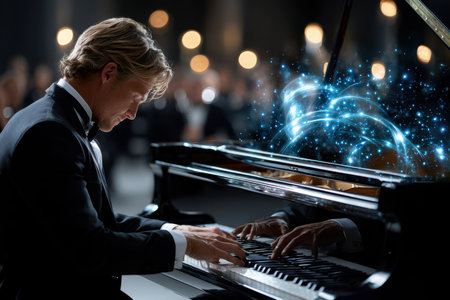 A skilled pianist plays beautifully at an upscale event, captivating attendees with enchanting melodies.の写真素材