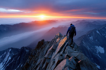 A hiker stands on a mountain ridge at sunrise above a sea of cloudsの写真素材