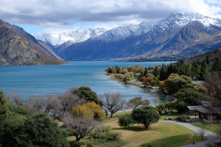 Vibrant autumn landscape featuring a tranquil lake surrounded by majestic mountains and colorful trees.の写真素材