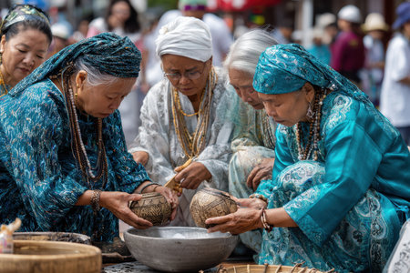 Skilled artisans collaborate to craft intricate pottery at a lively cultural festival, showcasing heritage.の写真素材