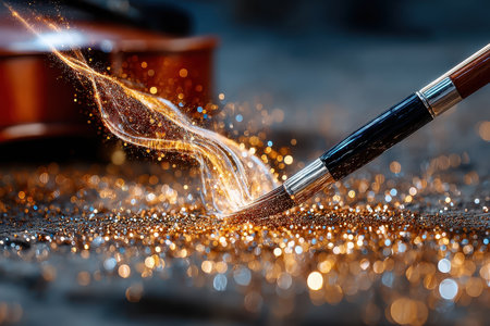 An artist creates a magical effect with a brush, glitter sparkling on the surface.の写真素材