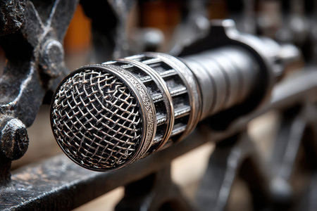 A detailed close-up of a vintage microphone placed on an ornate railing, showing its classic design and texture.の写真素材