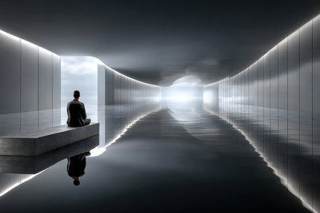 A person sits in deep meditation on a stone platform in a tranquil, minimalist space with reflective water.の写真素材