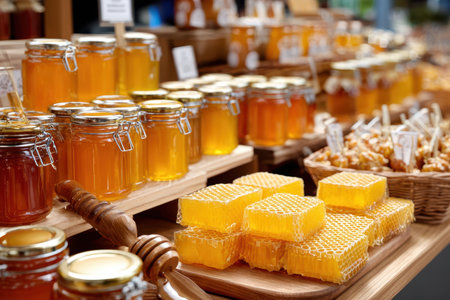 Crafters showcase a variety of honey jars and honeycomb at a bustling market during the summer afternoon.の写真素材