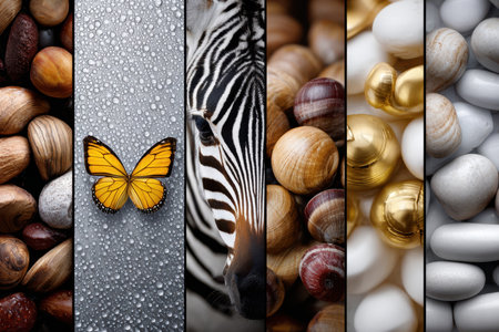 A vibrant collage showcases various natural textures such as stones, shells, and a zebra's face with a butterfly.の写真素材