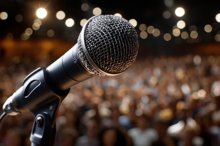 A microphone is positioned in front of an eager audience, ready for an engaging live performance at night.の写真素材
