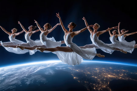 Ballet dancers perform a graceful routine above Earth at night, creating a surreal atmosphere.の写真素材