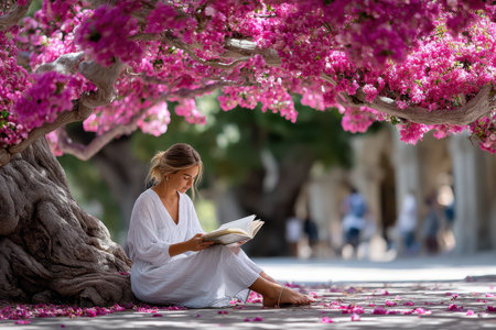A woman in a white dress enjoys reading a book beneath a vibrant bougainvillea tree in full bloom.の写真素材