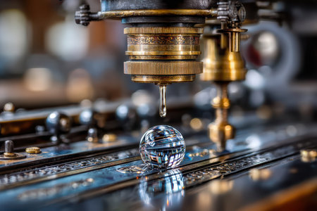 A focused water droplet is about to land on a glass sphere in a detailed workshop environment.の写真素材
