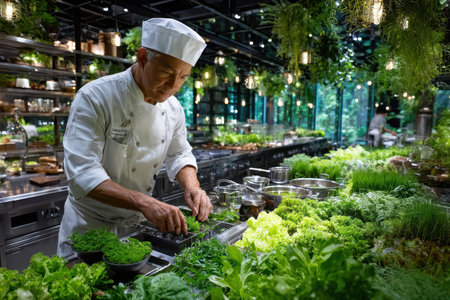 A chef meticulously arranges fresh herbs in an indoor garden kitchen, showcasing vibrant greens.の写真素材