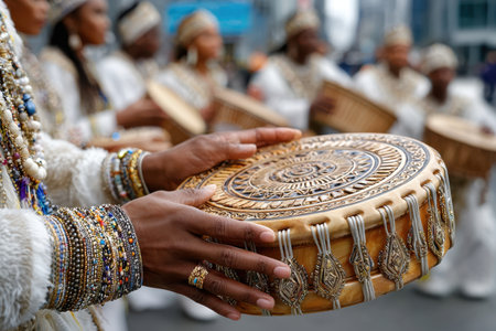 Drummers showcase their skills at a lively cultural festival in the city with colorful attire and rhythmic beats.の写真素材