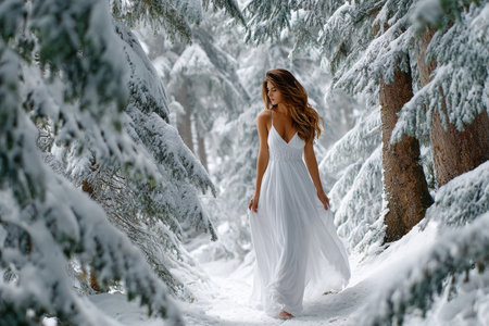 A woman in a delicate white dress strolls gracefully through a serene snowy forest landscape.の写真素材