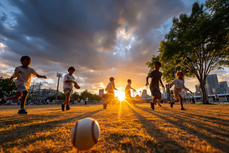 Children run joyfully on the grass while playing baseball as the sun sets behind city buildings.の写真素材