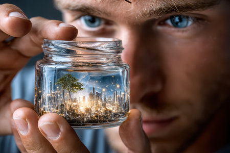 A man gazes intently at a glass jar containing a vibrant cityscape and small tree illuminated at night.の写真素材