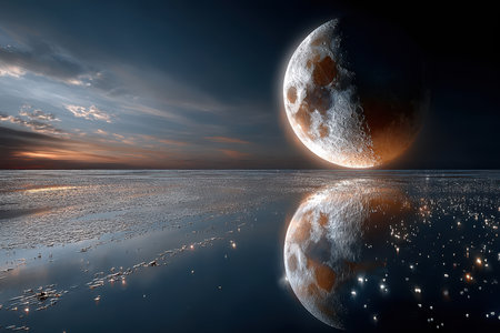 A crescent moon hangs in the twilight sky, its reflection shimmering on the tranquil water's surface.の写真素材