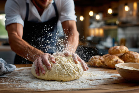 A baker kneads fresh dough on a wooden countertop, surrounded by flour and freshly baked bread in a cozy kitchen.の写真素材