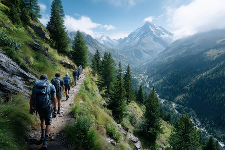 A group of adventurers walks on a winding trail surrounded by majestic mountains and lush greenery.の写真素材