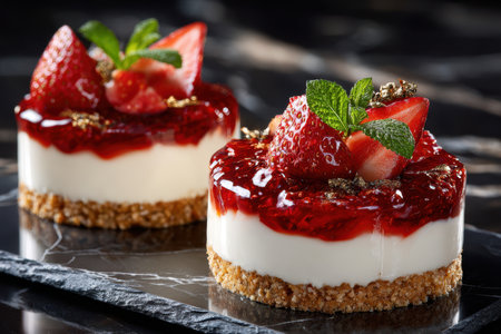Two mini cheesecakes with strawberry topping, gold flakes, and mint on a dark surfaceの写真素材