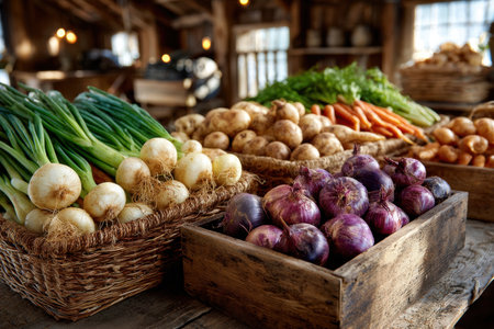Fresh vegetables displayed in crates and baskets at a marketの写真素材