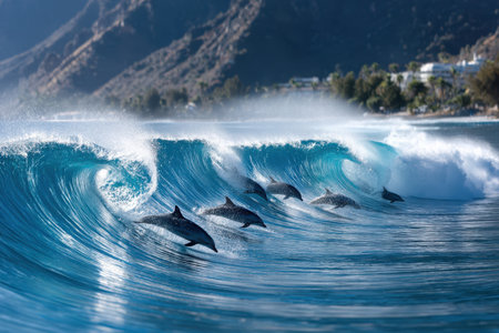 Dolphins jump and surf a perfect ocean wave near a shoreの写真素材