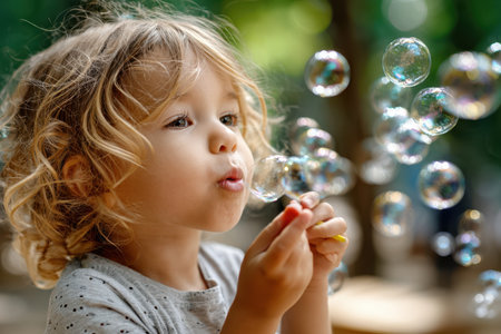 A young child with curly hair blows bubbles while enjoying a playful moment in a park filled with greenery.の写真素材