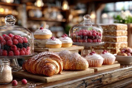 An assortment of fresh pastries and berries displayed on a wooden counterの写真素材