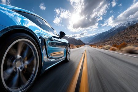 A dynamic, high-speed shot of a sports car racing on a desert highway, taken with a wide-angle lens, expressing speed and freedom, with a single, unexpected tumbleweed crossing the roadの写真素材