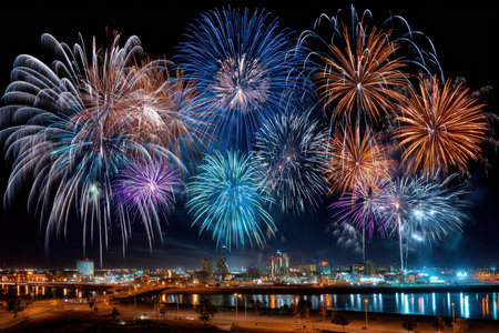 Fireworks explode over a city skyline at nightの写真素材