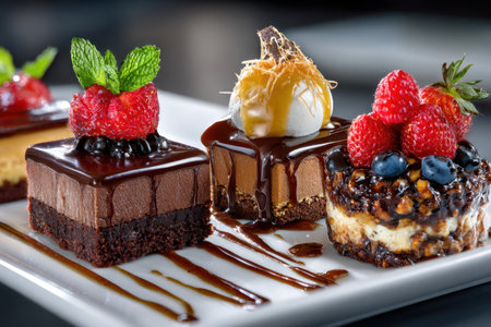 Three gourmet mini desserts arranged on a white rectangular plateの写真素材