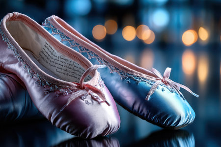 A close-up shot of a pair of ballet shoes, under bright, cold light, shot with a macro lensの写真素材