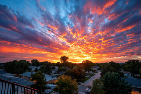 Fiery sunset over a quiet suburban neighborhood with houses and treesの写真素材