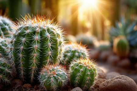 Closeup of several cacti in a desert garden with golden sunlightの写真素材