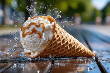 An ice cream cone with caramel sauce falls onto a wet wooden table, creating a splashの写真素材