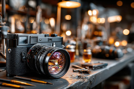 A vintage camera sits on a workbench with tools and blurred backgroundの写真素材