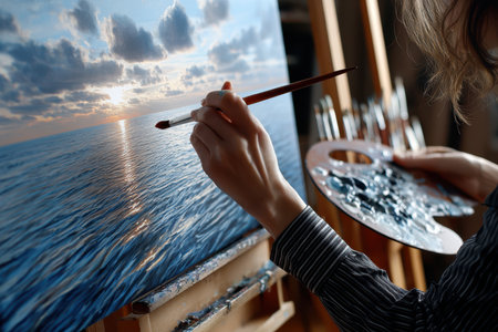 An artist is painting a beautiful sunset reflecting on the ocean water while in a creative workspace.の写真素材