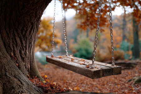 A wooden swing hangs from a tree in a colorful forest, surrounded by vibrant autumn leaves and peaceful scenery.の写真素材