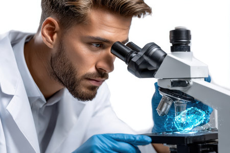 A scientist with short hair and a lab coat focuses intently on a sample through a microscope while wearing gloves.の写真素材