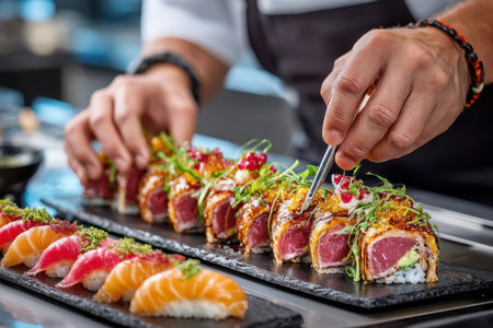 A skilled chef artfully places garnishes on beautifully arranged sushi rolls and sashimi in a vibrant kitchen.の写真素材