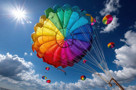 A large, colorful parachute floats against a blue sky with white cloudsの写真素材