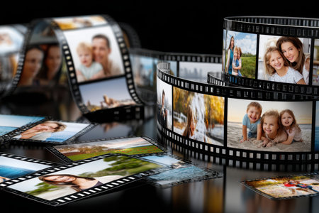 Film strips display joyful families, cheerful children, and beautiful landscapes across various settings.の写真素材