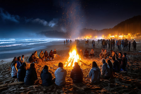 A group of people enjoying a bonfire on a beach at night, with a warm, communal mood, shot with a 35mm lens, capturing the simple joys of togetherness, ultrarealistic photo --ar 3:2 --raw --profile nk3i4wf --stylize 250 --v 7 Job ID: 156626cf-500f-4f37-b4ba-00567a3f3f10の写真素材