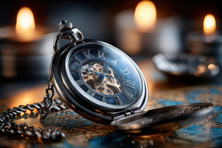 An antique pocket watch lies open on a vintage map, illuminated by candlelightの写真素材