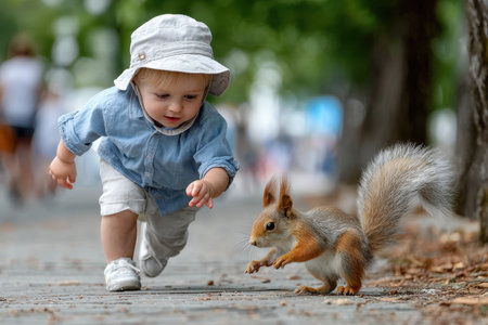 A young child wearing a light blue shirt runs after a squirrel along a tree-lined path.の写真素材