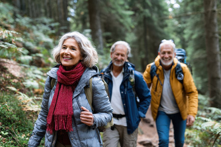 Friends trek through a verdant forest path, surrounded by trees and foliage, enjoying their adventure together.の写真素材
