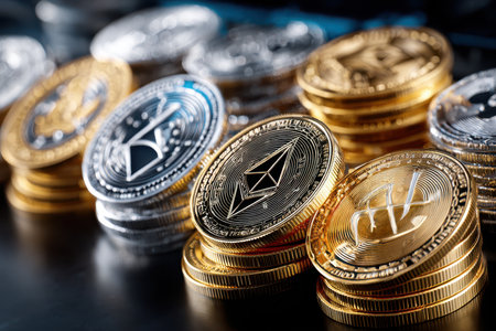 Numerous coins in different colors and designs are stacked on a dark surface, highlighting cryptocurrency variety.の写真素材