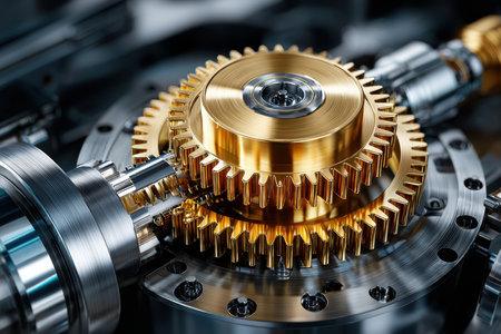 Golden gears interlock within a complex machine, showing precision engineering in a workshop setting.の写真素材
