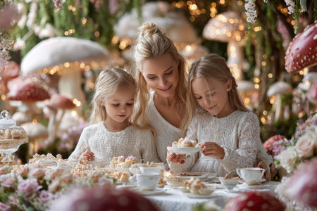 A mother and her two daughters savor sweet pastries in a magical garden adorned with enchanting mushrooms.の写真素材